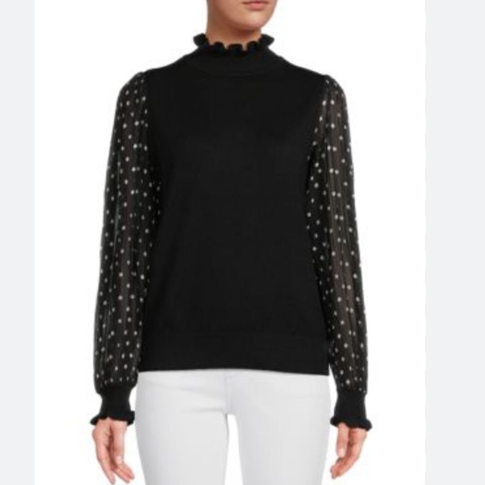 Nanette Lepore Black Knit Polka Dot Semi Sheer Sleeve Ruffle Mockneck Top